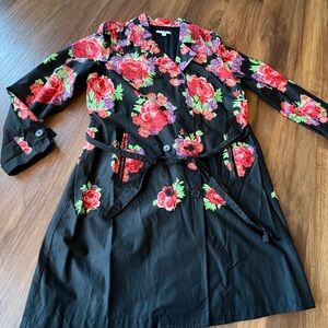Isaac Mizrahi Lined Black Floral Double Breasted Trench Coat with Tie size L!
